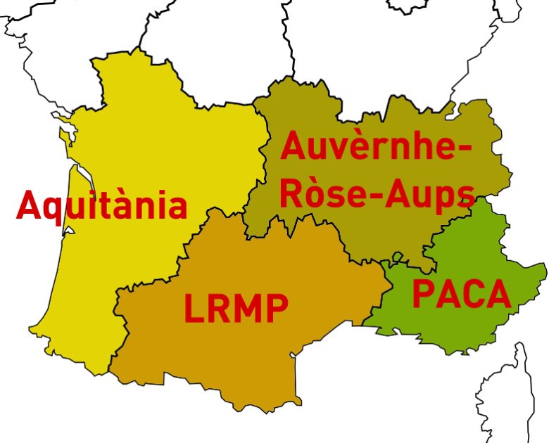 Las academias ancianas demòran: tres per la region Aquitània, doas per  la Region Inomenabla (vulgarament LRMP), doas per Auvernha-Ròse-Aups, e doas, coma avans, per PACA