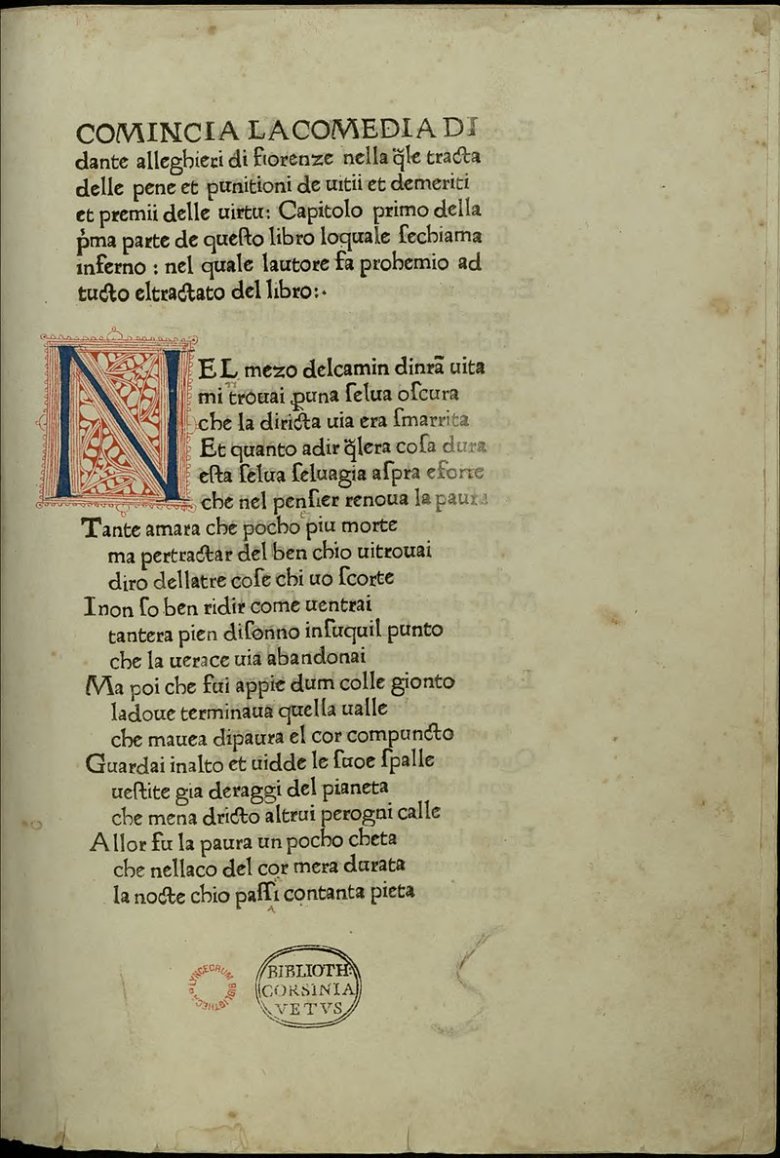 Primièra pagina de la Divina Comèdia de Dante (edicion de 1472)
