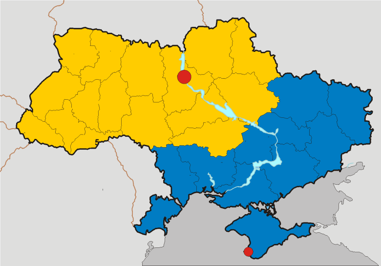 La mapa muisha de plan la particion deu país en dus, en jaune la part ucrainofòna e en blau la russofòne
